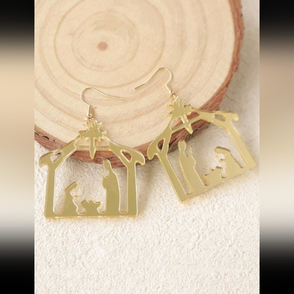 #123. Acrylic Golden Mirror Christmas Earrings, Personalized Creative Earrings - Picture 3 of 3